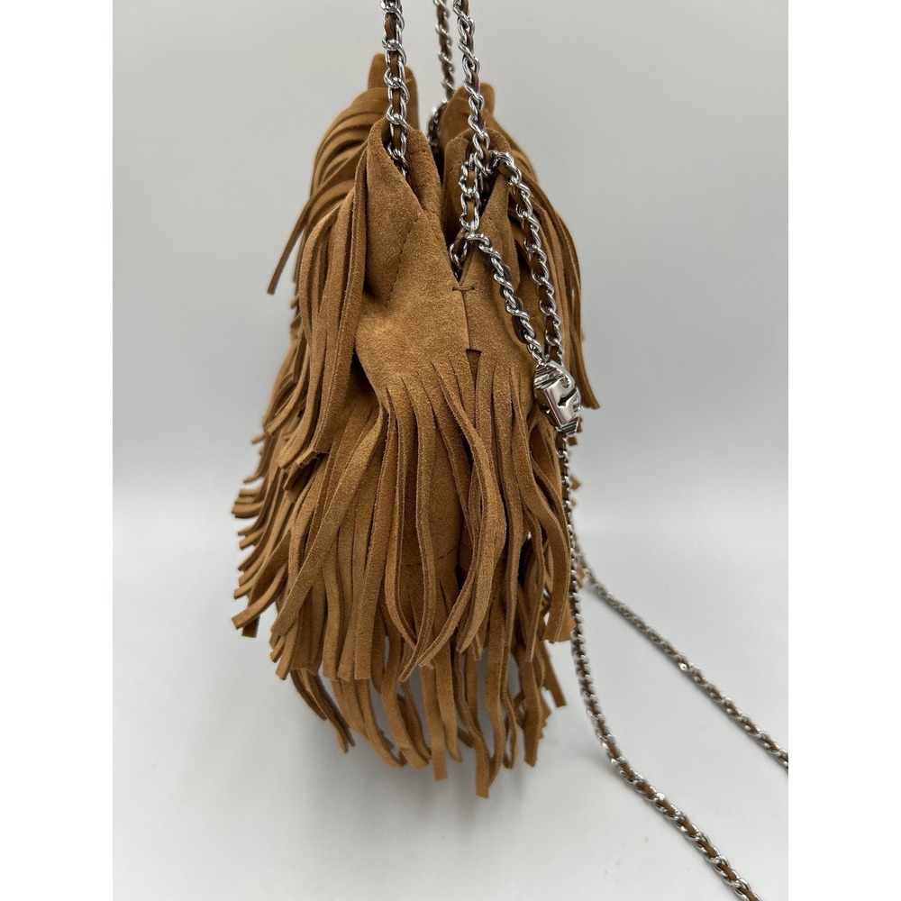 Tory Burch Mini Fleming Suede Fringe Hobo Bag Wild Tobacco Brown Silver Chain - Picture 5 of 11